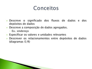    Descreve o significado dos fluxos de dados e dos
    depósitos de dados
   Descreve a composição de dados agregados.
    ◦ Ex.: endereço
   Especificar os valores e unidades relevantes
   Descrever os relacionamentos entre depósitos de dados
    (diagramas E/R)
 