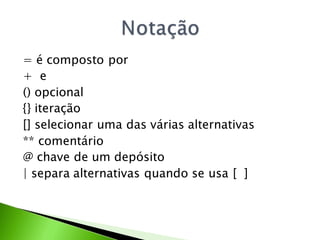 = é composto por
+ e
() opcional
{} iteração
[] selecionar uma das várias alternativas
** comentário
@ chave de um depósito
| separa alternativas quando se usa [ ]
 