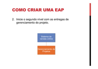 COMO CRIAR UMA EAP
2.  Inicie o segundo nível com as entregas de
gerenciamento do projeto.
Sistema de
vendas online
Gerenciamento de
Projetos
Sistema de
vendas online
 