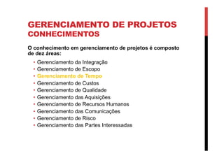 GERENCIAMENTO DE PROJETOS
CONHECIMENTOS
O conhecimento em gerenciamento de projetos é composto
de dez áreas:
•  Gerenciamento da Integração
•  Gerenciamento de Escopo
•  Gerenciamento de Tempo
•  Gerenciamento de Custos
•  Gerenciamento de Qualidade
•  Gerenciamento das Aquisições
•  Gerenciamento de Recursos Humanos
•  Gerenciamento das Comunicações
•  Gerenciamento de Risco
•  Gerenciamento das Partes Interessadas
 