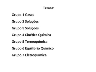 Temas:
Grupo 1 Gases
Grupo 2 Soluções
Grupo 3 Soluções
Grupo 4 Cinética Química
Grupo 5 Termoquímica
Grupo 6 Equilíbrio Químico
Grupo 7 Eletroquímica
 