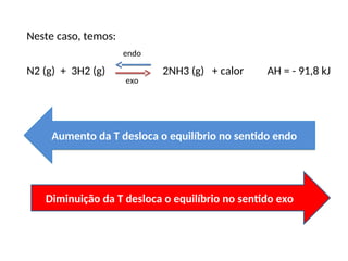Neste caso, temos:
N2 (g) + 3H2 (g) 2NH3 (g) + calor AH = - 91,8 kJ
exo
endo
Diminuição da T desloca o equilíbrio no sentido exo
Aumento da T desloca o equilíbrio no sentido endo
 