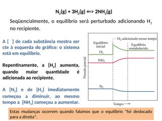 A [ ] de cada substância mostra ser
cte à esquerda do gráfico: o sistema
está em equilíbrio.
Repentinamente, a [H2] aumenta,
quando maior quantidade é
adicionada ao recipiente.
A [N2] e de [H2] imediatamente
começou a diminuir, ao mesmo
tempo a [NH3] começou a aumentar.
N2(g) + 3H2(g) > 2NH
⇐ 3(g)
Seqüencialmente, o equilíbrio será perturbado adicionando H2
no recipiente.
Estas mudanças ocorrem quando falamos que o equilíbrio "foi deslocado
para a direita".
 