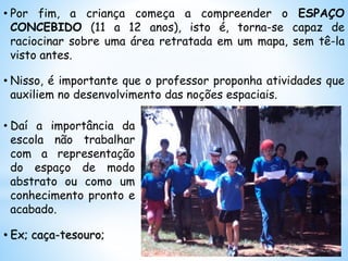 • Por fim, a criança começa a compreender o ESPAÇO
CONCEBIDO (11 a 12 anos), isto é, torna-se capaz de
raciocinar sobre uma área retratada em um mapa, sem tê-la
visto antes.
• Nisso, é importante que o professor proponha atividades que
auxiliem no desenvolvimento das noções espaciais.
• Daí a importância da
escola não trabalhar
com a representação
do espaço de modo
abstrato ou como um
conhecimento pronto e
acabado.
• Ex; caça-tesouro;
 