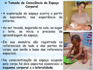 A Tomada de Consciência do Espaço
Corporal
• A exploração do espaço ocorre a partir
do nascimento, nas experiência do
entorno;
• Ao ser tocada, segurada no colo, ao sugar
o leite, se inicia o processo de
aprendizagem do espaço;
• Em sua memória são registrado os
referenciais de lado e das partes do
corpo, que serão a base das referencia
espaciais;
• Na conscientização do espaço ocupado
pelo corpo há dois aspectos essenciais: o
esquema corporal e a lateralidade;
 
