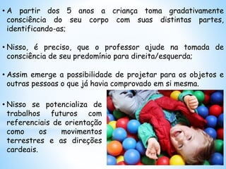 • A partir dos 5 anos a criança toma gradativamente
consciência do seu corpo com suas distintas partes,
identificando-as;
• Nisso, é preciso, que o professor ajude na tomada de
consciência de seu predomínio para direita/esquerda;
• Assim emerge a possibilidade de projetar para os objetos e
outras pessoas o que já havia comprovado em si mesma.
• Nisso se potencializa de
trabalhos futuros com
referenciais de orientação
como os movimentos
terrestres e as direções
cardeais.
 