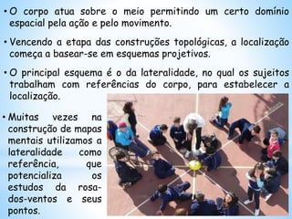 • O corpo atua sobre o meio permitindo um certo domínio
espacial pela ação e pelo movimento.
• Vencendo a etapa das construções topológicas, a localização
começa a basear-se em esquemas projetivos.
• O principal esquema é o da lateralidade, no qual os sujeitos
trabalham com referências do corpo, para estabelecer a
localização.
• Muitas vezes na
construção de mapas
mentais utilizamos a
lateralidade como
referência, que
potencializa os
estudos da rosa-
dos-ventos e seus
pontos.
 