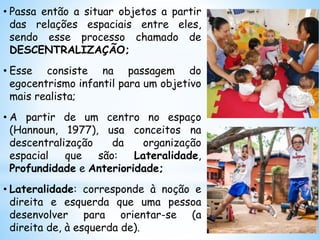 • Passa então a situar objetos a partir
das relações espaciais entre eles,
sendo esse processo chamado de
DESCENTRALIZAÇÃO;
• Esse consiste na passagem do
egocentrismo infantil para um objetivo
mais realista;
• A partir de um centro no espaço
(Hannoun, 1977), usa conceitos na
descentralização da organização
espacial que são: Lateralidade,
Profundidade e Anterioridade;
• Lateralidade: corresponde à noção e
direita e esquerda que uma pessoa
desenvolver para orientar-se (a
direita de, à esquerda de).
 