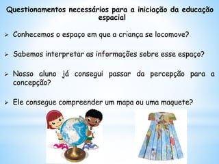 Questionamentos necessários para a iniciação da educação
espacial
 Conhecemos o espaço em que a criança se locomove?
 Sabemos interpretar as informações sobre esse espaço?
 Nosso aluno já consegui passar da percepção para a
concepção?
 Ele consegue compreender um mapa ou uma maquete?
 