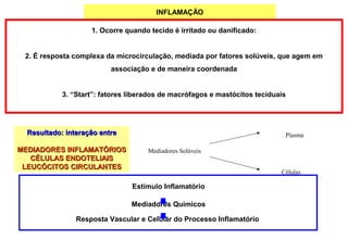 INFLAMAÇÃO
1. Ocorre quando tecido é irritado ou danificado:
2. É resposta complexa da microcirculação, mediada por fatores solúveis, que agem em
associação e de maneira coordenada
3. “Start”: fatores liberados de macrófagos e mastócitos teciduais
Resultado: interação entreResultado: interação entre
MEDIADORES INFLAMATÓRIOSMEDIADORES INFLAMATÓRIOS
CÉLULAS ENDOTELIAISCÉLULAS ENDOTELIAIS
LEUCÓCITOS CIRCULANTESLEUCÓCITOS CIRCULANTES
Mediadores Solúveis
Plasma
Células
Estímulo Inflamatório
Mediadores Químicos
Resposta Vascular e Celular do Processo Inflamatório
 