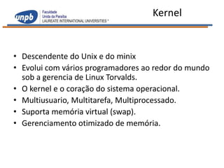 Kernel


• Descendente do Unix e do minix
• Evolui com vários programadores ao redor do mundo
  sob a gerencia de Linux Torvalds.
• O kernel e o coração do sistema operacional.
• Multiusuario, Multitarefa, Multiprocessado.
• Suporta memória virtual (swap).
• Gerenciamento otimizado de memória.
 
