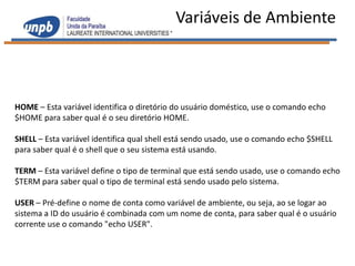 Variáveis de Ambiente



HOME – Esta variável identifica o diretório do usuário doméstico, use o comando echo
$HOME para saber qual é o seu diretório HOME.

SHELL – Esta variável identifica qual shell está sendo usado, use o comando echo $SHELL
para saber qual é o shell que o seu sistema está usando.

TERM – Esta variável define o tipo de terminal que está sendo usado, use o comando echo
$TERM para saber qual o tipo de terminal está sendo usado pelo sistema.

USER – Pré-define o nome de conta como variável de ambiente, ou seja, ao se logar ao
sistema a ID do usuário é combinada com um nome de conta, para saber qual é o usuário
corrente use o comando "echo USER".
 