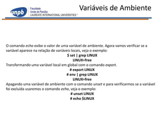Variáveis de Ambiente



O comando echo exibe o valor de uma variável de ambiente. Agora vamos verificar se a
variável aparece na relação de variáveis locais, veja o exemplo:
                                      $ set | grep LINUX
                                          LINUX=free
Transformando uma variável local em global com o comando export.
                                        # export LINUX
                                      # env | grep LINUX
                                          LINUX=free
Apagando uma variável de ambiente com o comando unset e para verificarmos se a variável
foi excluída usaremos o comando echo, veja o exemplo:
                                         # unset LINUX
                                        # echo $LINUX
 