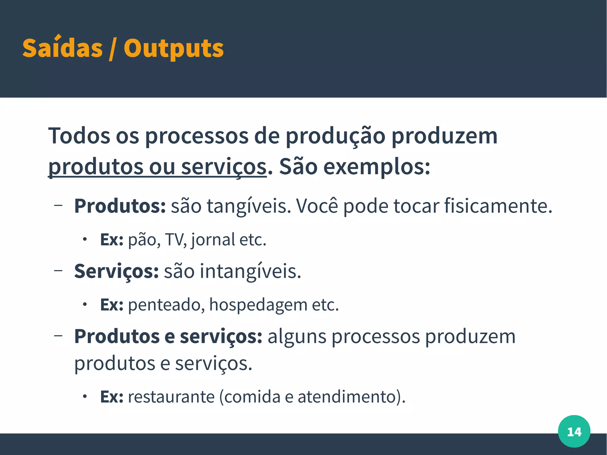 14
Saídas / Outputs
Todos os processos de produção produzem
produtos ou serviços. São exemplos:
– Produtos: são tangíveis. Você pode tocar fisicamente.
● Ex: pão, TV, jornal etc.
– Serviços: são intangíveis.
● Ex: penteado, hospedagem etc.
– Produtos e serviços: alguns processos produzem
produtos e serviços.
● Ex: restaurante (comida e atendimento).
 