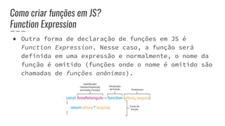 Como criar funções em JS?
Function Expression
● Outra forma de declaração de funções em JS é
Function Expression. Nesse caso, a função será
definida em uma expressão e normalmente, o nome da
função é omitido (funções onde o nome é omitido são
chamadas de funções anônimas).
 