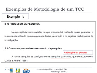 Exemplos de Metodologia de um TCC
Licenciatura em Física - UAB - Aula 04 -
Metodologia doTCC
14
Abordagem da pesquisa
Exemplo 1:
 