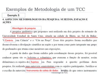 Licenciatura em Física - UAB - Aula 04 -
Metodologia doTCC
Exemplos de Metodologia de um TCC
Sujeitos
Cenário
Instrumento de coleta de dados
Abordagem da pesquisa
Exemplo 3:
 