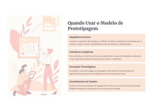 Quando Usar o Modelo de
Prototipagem
Requisitos Incertos
Quando os requisitos são ambíguos ou difíceis de definir previamente, permitindo que os
usuários "vejam e sintam" possibilidades antes de finalizar as especificações.
Interfaces Complexas
Para sistemas com interfaces de usuário elaboradas ou fluxos de interação complicados,
onde a experiência prática é essencial para avaliar a usabilidade.
Inovações Tecnológicas
Ao explorar novas tecnologias ou abordagens onde existem incertezas técnicas
significativas que precisam ser validadas antes do compromisso total.
Envolvimento do Usuário
Quando há forte necessidade de engajamento contínuo dos usuários finais, permitindo
feedback frequente e participação ativa no processo de design.
 