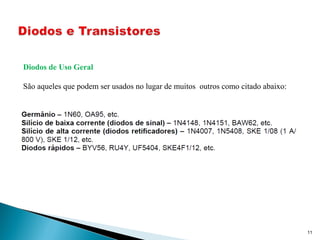 11
Diodos de Uso Geral
São aqueles que podem ser usados no lugar de muitos outros como citado abaixo:
 