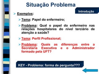 Situação Problema 
Exemplos: 
Tema:Papeldoenfermeiro; 
Problema:Qualopapeldoenfermeironasrelaçõeshospitalaresdonívelterciáriodeatençãoasaúde? 
Tema:PerfilProfissional; 
Problema:QuaisasdiferençasentreaSecretariaExecutivaeoAdministradorformadopelaUFT? 
KEY -Problema: forma de pergunta??? 
Introdução  