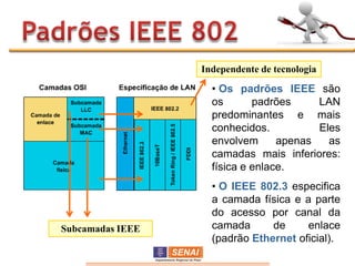 Independente de tecnologia

                    • Os padrões IEEE são
                    os       padrões     LAN
                    predominantes e mais
                    conhecidos.          Eles
                    envolvem      apenas   as
                    camadas mais inferiores:
                    física e enlace.
                    • O IEEE 802.3 especifica
                    a camada física e a parte
                    do acesso por canal da
Subcamadas IEEE     camada      de     enlace
                    (padrão Ethernet oficial).
 