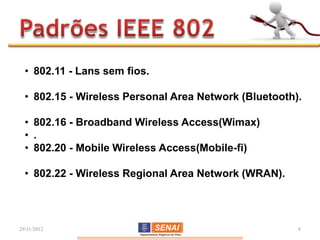 • 802.11 - Lans sem fios.

  • 802.15 - Wireless Personal Area Network (Bluetooth).

  • 802.16 - Broadband Wireless Access(Wimax)
  • .
  • 802.20 - Mobile Wireless Access(Mobile-fi)

  • 802.22 - Wireless Regional Area Network (WRAN).




29/11/2012                                             8
 