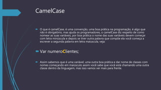 CamelCase
 O que é camelCase, é uma convenção, uma boa prática na programação, é algo que
não é obrigatório, mas ajuda os programadores, o camelCase diz respeito de como
nomear as suas variáveis, por boa prática o nome das suas variáveis devem começar
com letra minúscula e depois se tiver outra palavra que compõe ela você começa a
escrever a segunda palavra em letra maiuscula, veja:
Var numeroClientes;
 Assim sabemos que é uma variável, uma outra boa prática e dar nome de classes com
nomes começando em maiúsculo assim você sabe que você está chamando uma outra
classe dentro da linguagem, mas isso vamos ver mais para frente.
 
