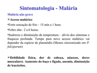 Sintomatologia - Malária
Malária não grave
Acesso malárico
•Forte sensação de frio – 15 min a 1 hora.
•Febre alta– 2 a 6 horas.
•Sudorese e diminuição da temperatura – alívio dos sintomas e
fraqueza profunda. Tempo para novo acesso malárico vai
depender da espécie de plasmódio (Menos sincronizado em P.
falciparum)
Debilidade física, dor de cabeça, náuseas, dores
musculares. Aumento do baço e fígado, anemia, diminuição
de leucócitos.
 