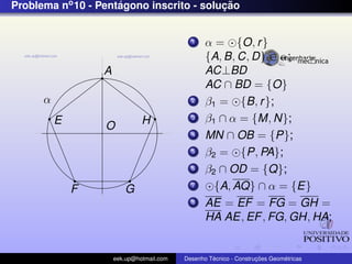 Problema no 10 - Pentagono inscrito - solucao
                     ´                    ¸˜


                                             1    α = {O, r }
                                                  {A, B, C, D} ∈ α;
                  A                               AC⊥BD
                                                  AC ∩ BD = {O}
      α                                      2    β1 = {B, r };
          E                    H             3    β1 ∩ α = {M, N};
                  O
                                             4    MN ∩ OB = {P};
                                             5    β2 = {P, PA};
                                             6    β2 ∩ OD = {Q};
              F          G                   7      {A, AQ} ∩ α = {E}
                                             8    AE = EF = FG = GH =
                                                  HA AE, EF , FG, GH, HA;


                      eek.up@hotmail.com            ´               ¸˜       ´
                                           Desenho Tecnico - Construcoes Geometricas
 
