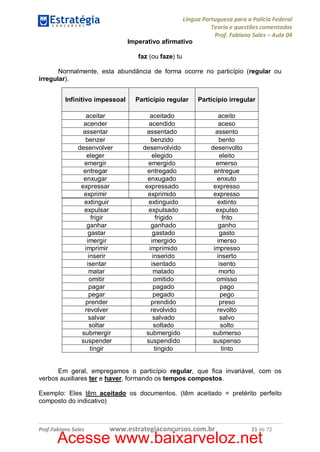 Língua Portuguesa para a Polícia Federal
Teoria e questões comentadas
Prof. Fabiano Sales – Aula 04
Imperativo afirmativo
faz (ou faze) tu
Normalmente, esta abundância de forma ocorre no particípio (regular ou
irregular).
Infinitivo impessoal

Particípio regular

Particípio irregular

aceitar
acender
assentar
benzer
desenvolver
eleger
emergir
entregar
enxugar
expressar
exprimir
extinguir
expulsar
frigir
ganhar
gastar
imergir
imprimir
inserir
isentar
matar
omitir
pagar
pegar
prender
revolver
salvar
soltar
submergir
suspender
tingir

aceitado
acendido
assentado
benzido
desenvolvido
elegido
emergido
entregado
enxugado
expressado
exprimido
extinguido
expulsado
frigido
ganhado
gastado
imergido
imprimido
inserido
isentado
matado
omitido
pagado
pegado
prendido
revolvido
salvado
soltado
submergido
suspendido
tingido

aceito
aceso
assento
bento
desenvolto
eleito
emerso
entregue
enxuto
expresso
expresso
extinto
expulso
frito
ganho
gasto
imerso
impresso
inserto
isento
morto
omisso
pago
pego
preso
revolto
salvo
solto
submerso
suspenso
tinto

Em geral, empregamos o particípio regular, que fica invariável, com os
verbos auxiliares ter e haver, formando os tempos compostos.
Exemplo: Eles têm aceitado os documentos. (têm aceitado = pretérito perfeito
composto do indicativo)

Prof.Fabiano Sales

www.estrategiaconcursos.com.br

21 de 72

Acesse www.baixarveloz.net

 