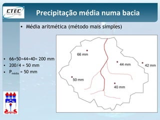 Precipitação média numa bacia 
66 mm 
50 mm 
44 mm 
40 mm 
42 mm 
• Média aritmética (método mais simples) 
• 66+50+44+40= 200 mm 
• 200/4 = 50 mm 
• Pmédia = 50 mm 
 
