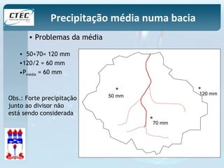 Precipitação média numa bacia 
50 mm 
70 mm 
120 mm 
• Problemas da média 
• 50+70= 120 mm 
•120/2 = 60 mm 
•Pmédia = 60 mm 
Obs.: Forte precipitação 
junto ao divisor não 
está sendo considerada 
 