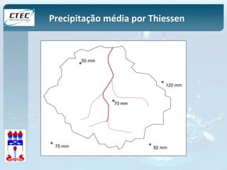 Precipitação média por Thiessen 
50 mm 
120 mm 
70 mm 
75 mm 82 mm 
 