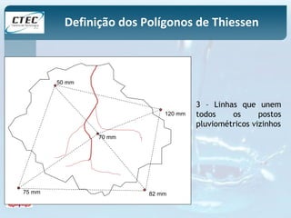 Definição dos Polígonos de Thiessen 
50 mm 
120 mm 
70 mm 
75 mm 82 mm 
3 – Linhas que unem 
todos os postos 
pluviométricos vizinhos 
 
