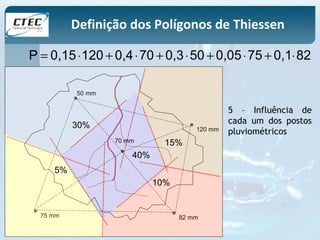 P = 0,15×120 + 0,4×70 + 0,3×50 + 0,05×75 + 0,1×82 
50 mm 
120 mm 
70 mm 
75 mm 82 mm 
5 – Influência de 
cada um dos postos 
pluviométricos 
40% 
30% 
15% 
10% 
5% 
Definição dos Polígonos de Thiessen 
 