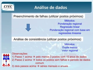 Análise de dados 
Preenchimento de falhas (utilizar postos próximos) 
Métodos: 
Ponderação regional 
Regressão linear 
Ponderação regional com base em 
regressões lineares 
Análise de consistência (utilizar postos próximos) 
Métodos: 
Dupla massa 
Vetor regional 
Observações: 
1) Passo 1 acima  pelo menos 3 postos com 10 anos de dados 
2) Passo 2 acima  todos os postos sem falhas e período de dados 
comum 
3) dois passos acima  séries mensais e anuais 
 