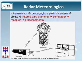 Radar Meteorológico 
• transmissor  propagação a partir da antena  
objeto  retorno para a antena  comutador  
receptor  processamento 
 