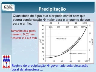 Precipitação 
Quantidade de água que o ar pode conter sem que 
ocorra condensação  maior para o ar quente do que 
para o ar frio. 
Tamanho das gotas 
• nuvem: 0,02 mm 
• chuva: 0,5 a 2 mm 
Regime de precipitação  governado pela circulação 
geral da atmosfera ... 
 