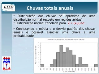 Chuvas totais anuais 
• Distribuição das chuvas se aproxima de uma 
distribuição normal (exceto em regiões áridas) 
• Distribuição normal tabelada para Z = (x-m)/s 
• Conhecendo a média e o desvio padrão das chuvas 
anuais é possível associar uma chuva a uma 
probabilidade 
 