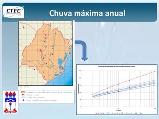 Chuva máxima anual 
6 9 0 
6 8 0 
6 7 0 
6 6 0 
6 4 0 
7 1 0 
7 2 0 
7 3 0 
N 
6 5 0 
7 0 0 
6 50 
7 00 
6 9 3 0 
6 9 2 0 
6 9 0 0 
6 8 5 0 
S Ã O 
M A R T I N H O 
5 3 
5 4 
R I O F O R T U N A 
B R A Ç O D O 
N O R T E 
L a g o a d o 
I m a r u í 
L a g o a 
S t o A n t ô n io 
L a g o a d o 
M ir i m 
L a g o a 
S t a M a r t a 
7 2 
6 90 
6 80 
6 70 
6 60 
6 40 
7 10 
7 20 
7 30 
6 9 1 0 
6 8 9 0 
6 8 8 0 
6 8 7 0 
6 8 6 0 
6 8 4 0 
6 8 3 0 
6 8 2 0 
6 9 3 0 
6 9 2 0 
6 9 1 0 
6 9 0 0 
6 8 9 0 
6 8 8 0 
6 8 7 0 
6 8 6 0 
6 8 5 0 
6 8 4 0 
6 8 3 0 
6 8 2 0 
A N I T Á P O L I S 
S A N T A R O S A 
D E L I M A 
S Ã O 
B O N I F Á C I O 
G R Ã O 
P A R Á 
S Ã O 
L A U R O M Ü L L E R L U D G E R O 
P E D R A S 
G R A N D E S 
T U B A R Ã O 
L A G U N A 
A R M A Z É M 
O R L E A N S 
I M B I T U B A 
I M A R U Í 
C A P I V A R I D E 
B A I X O 
J A G U A R U N A 
T R E Z E D E 
M A I O 
S A N G Ã O 
G R A V A T A L 
R io T u b arã o 
R io 
D'U na 
R io Ca p 
iva ri 
O C E A N O A T L Â N T I C O 
L a g o a d o 
C a m a c h o 
e s c a l a 1 : 7 5 0 . 0 0 0 
L E G E N D A 
L i m i t e d a B a c i a H i d r o g r á f i c a d o r i o T u b a r ã o e C o m p l e x o L a g u n a r 
S e d e s m u n i c i p a i s 
S i s t e m a h í d r i c o p r i n c i p a l 
P o s t o s p l u v i o m é t r i c o s u t i l i z a d o s n o e s t u d o 
7 3 
7 4 
8 4 
7 6 
8 1 
8 2 
Curvas de Probabilidade de Precipitações Máximas Diárias 
250 
200 
150 
100 
50 
0 
1 10 100 
Tr (anos) 
Precipitação (mm) 
53 54 72 73 74 75 76 81 82 84 
 
