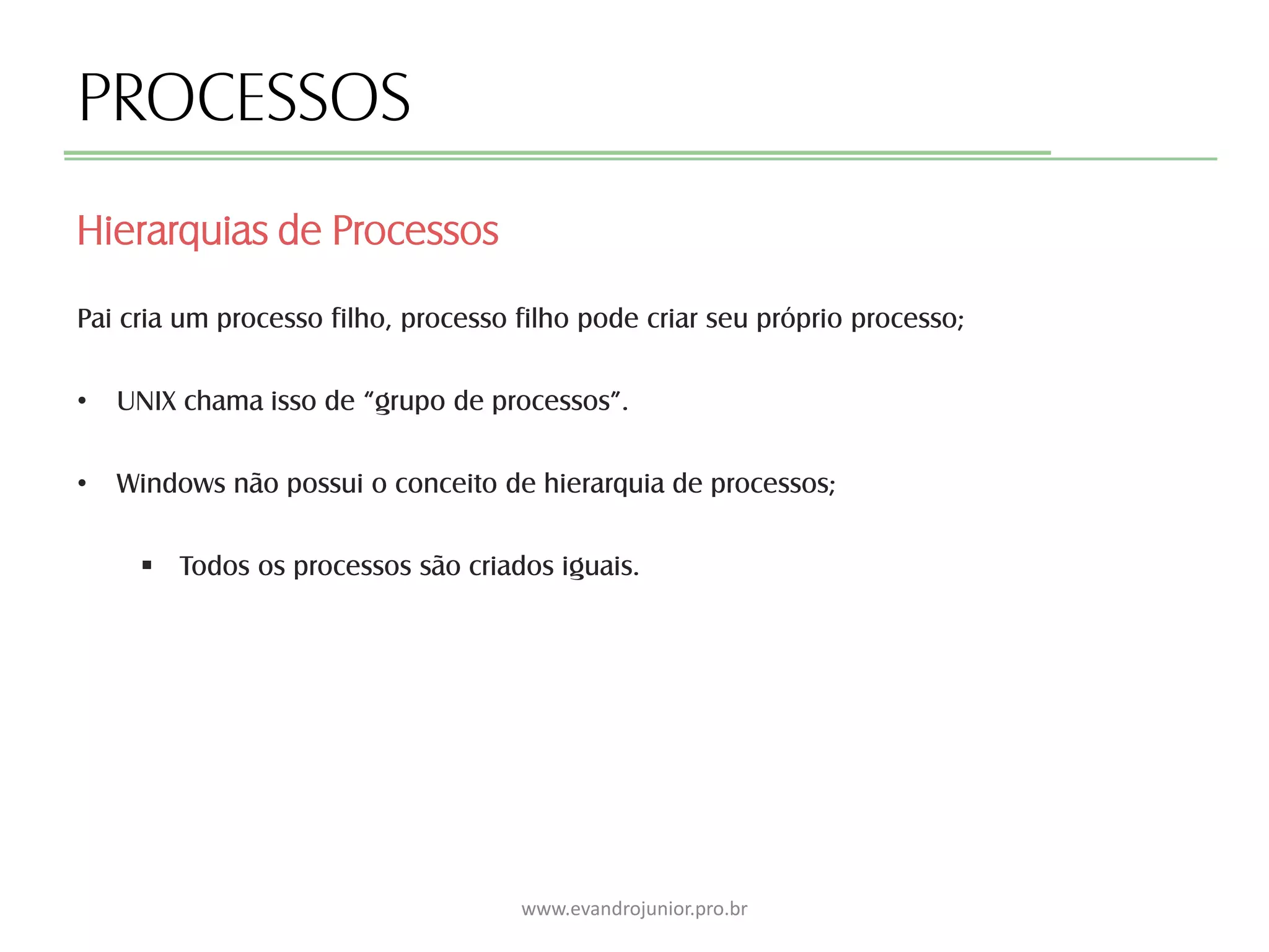 PROCESSOS
Pai cria um processo filho, processo filho pode criar seu próprio processo;
• UNIX chama isso de “grupo de processos”.
• Windows não possui o conceito de hierarquia de processos;
 Todos os processos são criados iguais.
Hierarquias de Processos
www.evandrojunior.pro.br
 