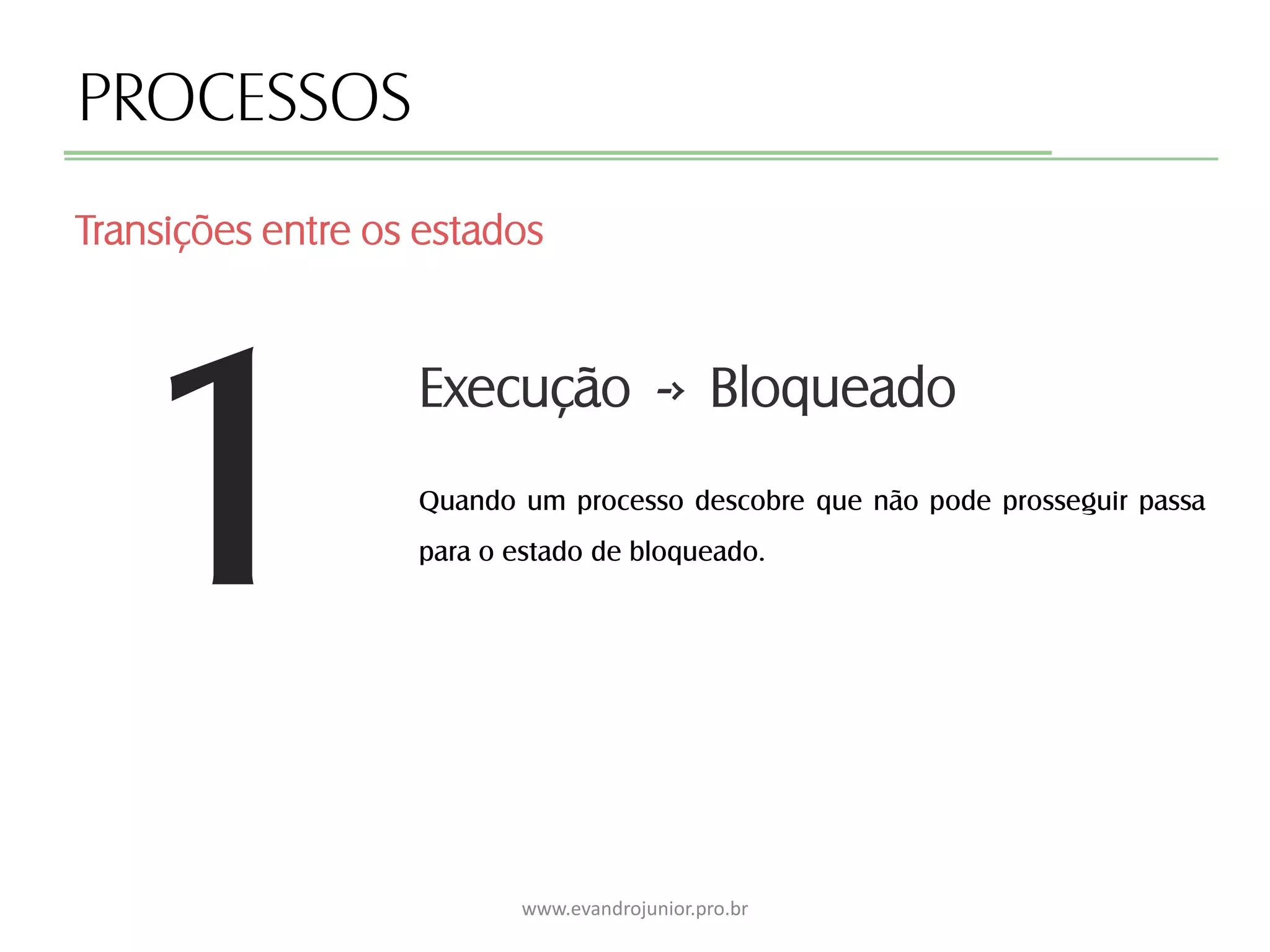 1
PROCESSOS
Quando um processo descobre que não pode prosseguir passa
para o estado de bloqueado.
Transições entre os estados
www.evandrojunior.pro.br
Execução -› Bloqueado
 