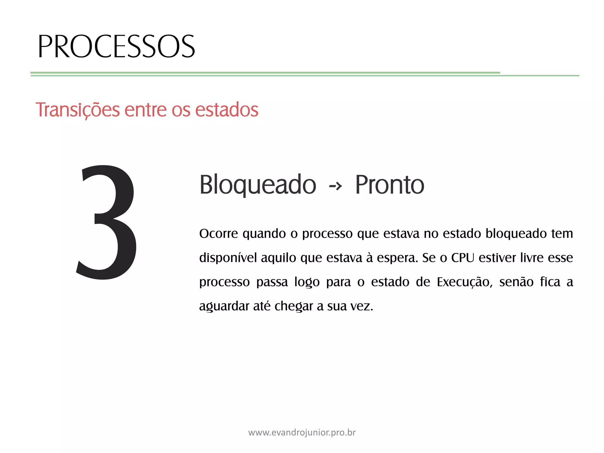 3
PROCESSOS
Ocorre quando o processo que estava no estado bloqueado tem
disponível aquilo que estava à espera. Se o CPU estiver livre esse
processo passa logo para o estado de Execução, senão fica a
aguardar até chegar a sua vez.
Transições entre os estados
www.evandrojunior.pro.br
Bloqueado -› Pronto
 
