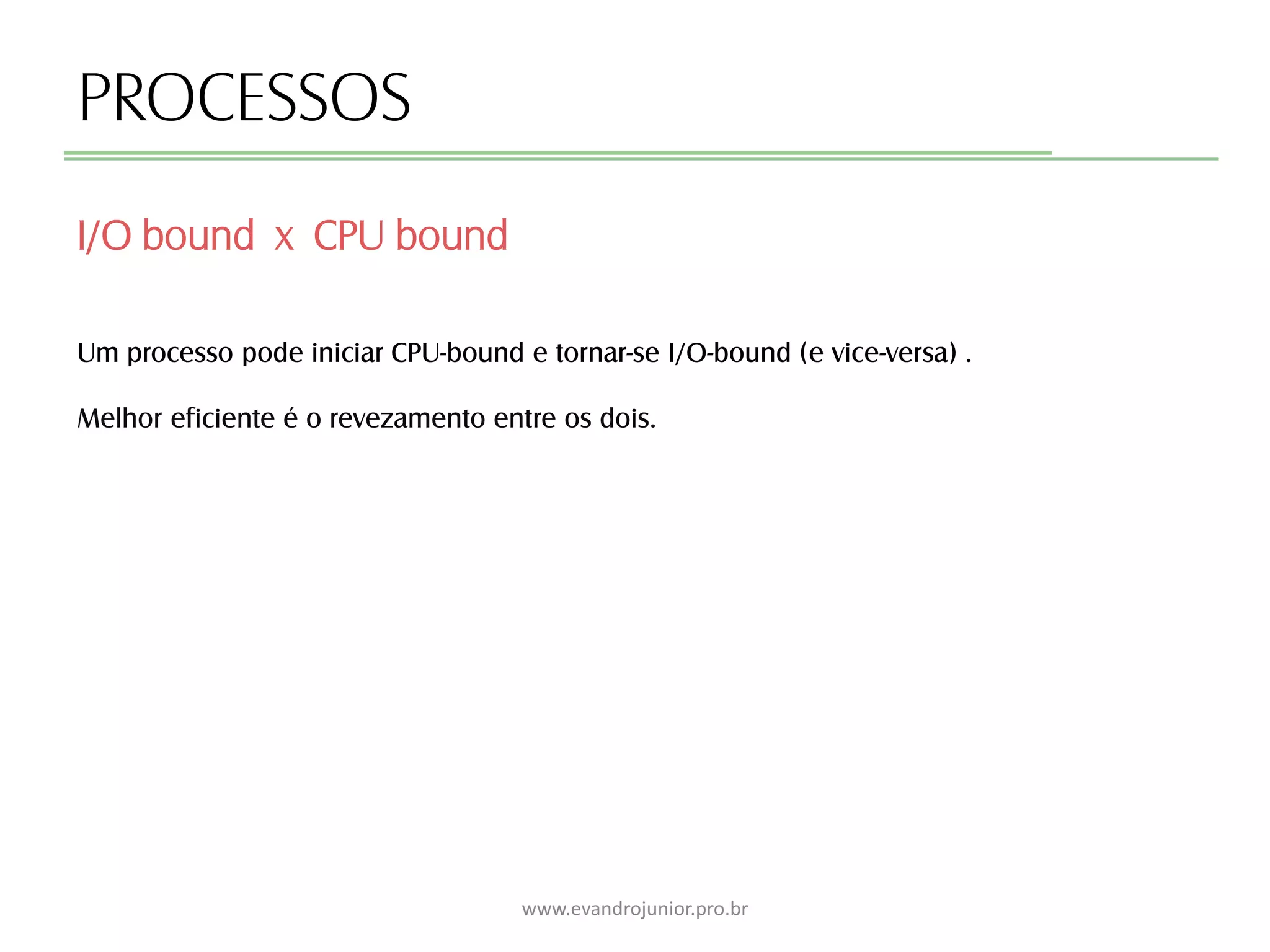 PROCESSOS
Um processo pode iniciar CPU-bound e tornar-se I/O-bound (e vice-versa) .
Melhor eficiente é o revezamento entre os dois.
I/O bound x CPU bound
www.evandrojunior.pro.br
 
