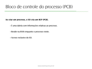 Bloco de controle do processo (PCB)
Ao criar um processo, o SO cria um BCP (PCB).
› É uma tabela com informações relativas ao processo.
› Reside na RAM enquanto o processo existe.
› Acesso exclusivo do SO.
www.evandrojunior.pro.br
 
