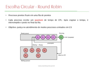 Escolha Circular - Round Robin
• Processos prontos ficam em uma fila de prontos
• Cada processo recebe um quantum de tempo de CPU. Após esgotar o tempo, é
interrompido e posto no final da fila.
• Objetivo: justiça no atendimento de muitos processos centrados em E/S
www.evandrojunior.pro.br
 