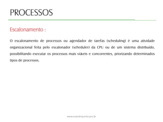 PROCESSOS
O escalonamento de processos ou agendador de tarefas (scheduling) é uma atividade
organizacional feita pelo escalonador (scheduler) da CPU ou de um sistema distribuído,
possibilitando executar os processos mais viáveis e concorrentes, priorizando determinados
tipos de processos.
Escalonamento :
www.evandrojunior.pro.br
 