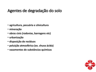 Agentes de degradação do solo
• agricultura, pecuária e silvicultura
• mineração
• obras civis (rodovias, barragens etc)
• urbanização
• disposição de resíduos
• poluição atmosférica (ex. chuva ácida)
• vazamentos de substâncias químicas
 