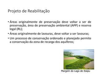 Projeto de Reabilitação
• Áreas originalmente de preservação deve voltar a ser de
preservação, área de preservação ambiental (APP) e reserva
legal (RL);
• Áreas originalmente de lavouras, deve voltar a ser lavouras;
• Um processo de conservação ordenado e planejado permite
a conservação da zona de recarga dos aquíferos;
Margem do Lago de Itaipu
 