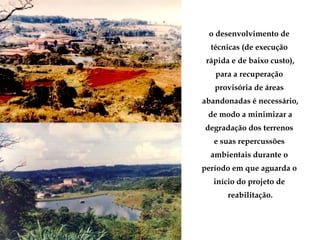 o desenvolvimento de
técnicas (de execução
rápida e de baixo custo),
para a recuperação
provisória de áreas
abandonadas é necessário,
de modo a minimizar a
degradação dos terrenos
e suas repercussões
ambientais durante o
período em que aguarda o
início do projeto de
reabilitação.
 